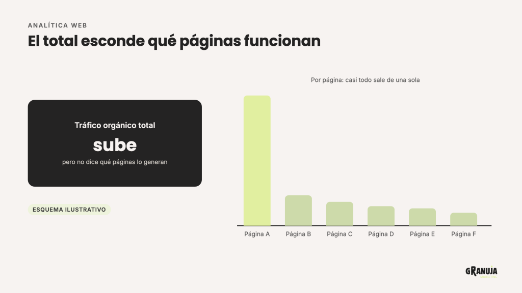 Esquema ilustrativo: el tráfico orgánico total sube mientras casi todo procede de una sola página